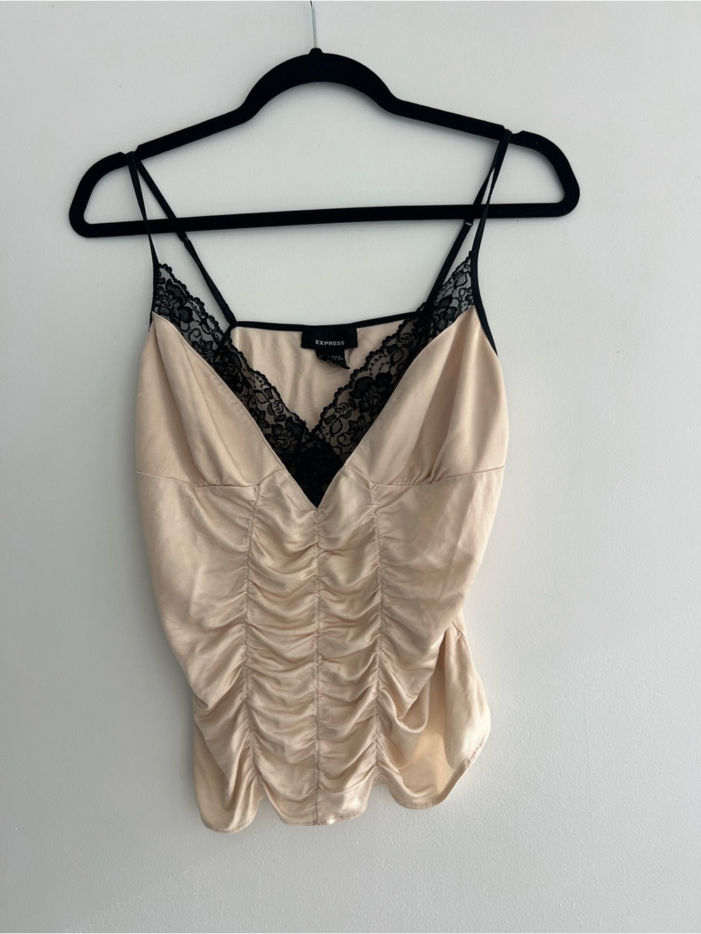 Express Cream Satin Ruched Cami with Black Lace Trim